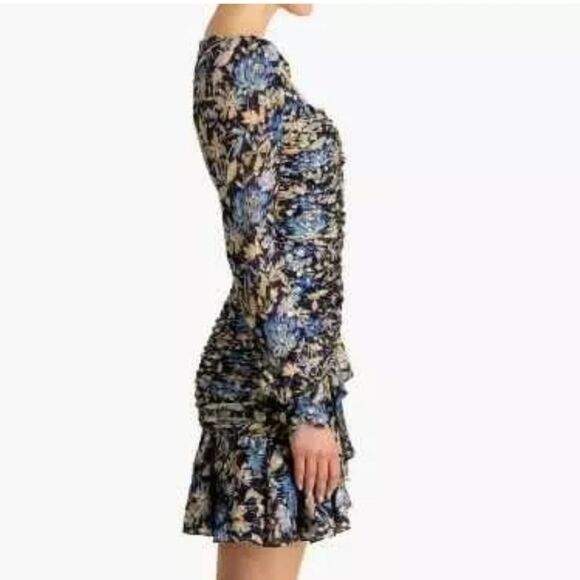 ML MONIQUE LHUILLIERRuched floral-print metallic fil coupé mini dress EUC - Picture 8 of 13